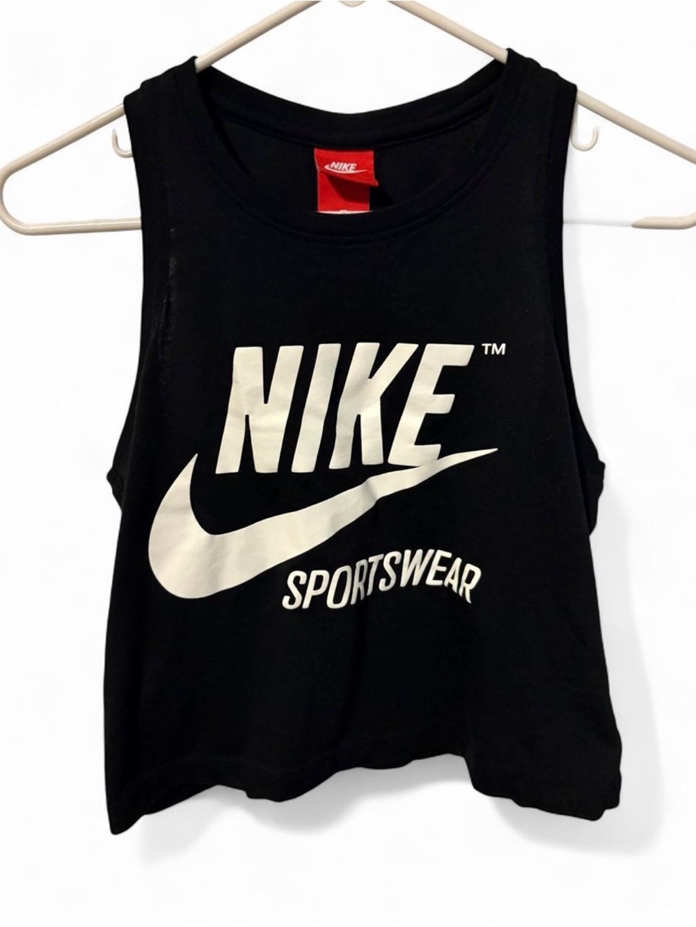 Nike Sportswear Cropped Muscle Tank Top Black White Spellout Graphic Size Small